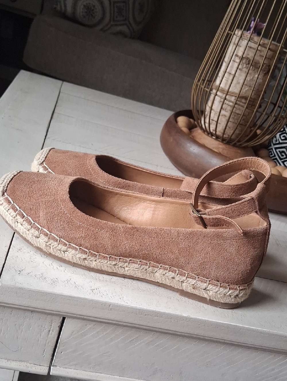 Crown Vintage Suede Espadrille Flats in Brown with Ankle Strap
